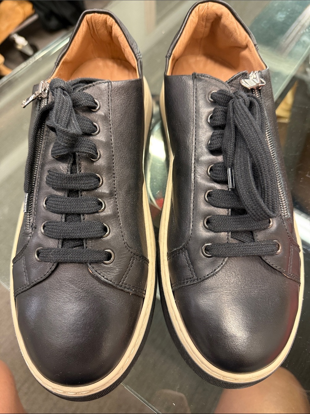 Men's Black Leather Low-Top Sneakers with Side Zip